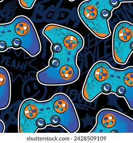 Seamless abstract pattern with colourful joystick game. Background for boys on bright color. 