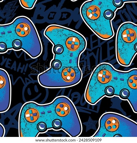 Seamless abstract pattern with colourful joystick game. Background for boys on bright color. 