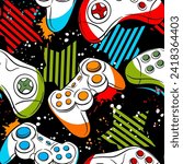 Seamless abstract pattern with colourful silhouettes joystick game. Background for boys.