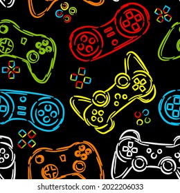 Seamless abstract pattern with colourful silhouettes joystick game. Background for boys.