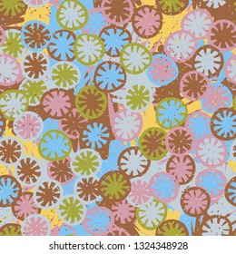 Seamless abstract pattern composed of lemon-like shapes. Easy to edit.
The background consists of stains created brush strokes. Editable.