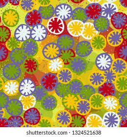 Seamless abstract pattern composed of lemon-like shapes. Easy to edit.
The background consists of large translucent spots. Editable.