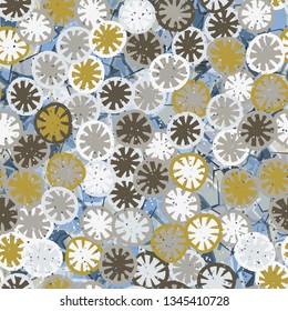 Seamless abstract pattern composed of lemon-like shapes. Easy to edit.
The background consists of translucent angular spots of different colors.