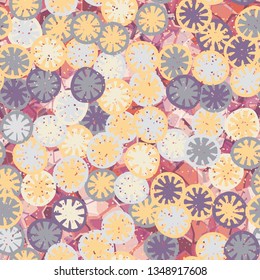 Seamless abstract pattern composed of lemon-like shapes. Easy to edit.
The background consists of translucent angular spots of different colors.