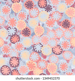 Seamless abstract pattern composed of lemon-like shapes. Easy to edit.
The background consists of translucent angular spots of different colors.