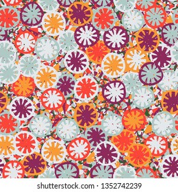 Seamless abstract pattern composed of lemon-like shapes.
The background consists of small angular spots.
Easy to edit