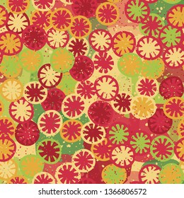 Seamless abstract pattern composed of lemon-like shapes. The background consists of large translucent spots. Easy to edit