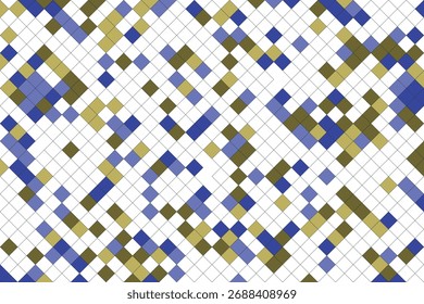 A seamless abstract pattern composed of small, irregularly scattered squares in blue, gold, and white, set against a white grid background.