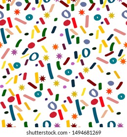 Seamless abstract pattern, confetti bright design. Multi colored abstract vector elements, white background. Perfect for wrapping paper, gifts decoration, invitations.