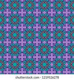 Seamless abstract pattern consist of decorative mandala in turquoise and violet hues on the mute background, vector as a fabric texture