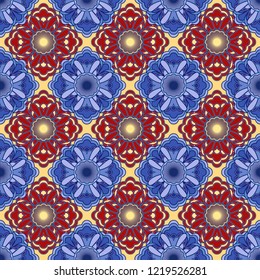 Seamless abstract pattern consist of decorative mandala in blue, red and beige hues on the pale background, vector as a fabric texture