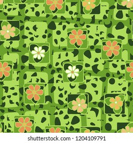 Seamless abstract pattern consisting of flowers, spots and coarse lattice.
