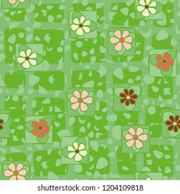 Seamless abstract pattern consisting of flowers, spots and coarse lattice.