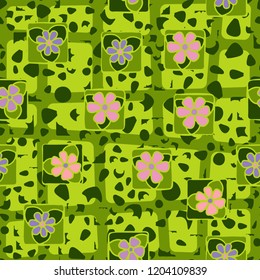 Seamless abstract pattern consisting of flowers, spots and coarse lattice.