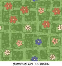 Seamless abstract pattern consisting of flowers, spots and coarse lattice.