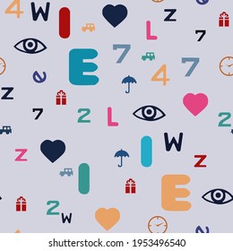 seamless abstract pattern
consisting of letters and numbers of various toy symbols for prints on fabric and for decorating interiors in children's rooms