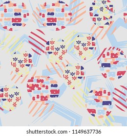 Seamless abstract pattern consisting of various elements. Against the background of pentagons.