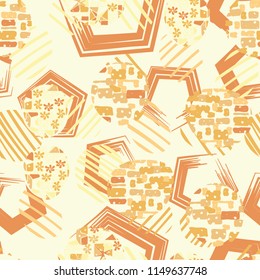 Seamless abstract pattern consisting of various elements. Against the background of pentagons.