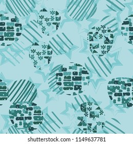 Seamless abstract pattern consisting of various elements. Against the background of five-pointed stars.