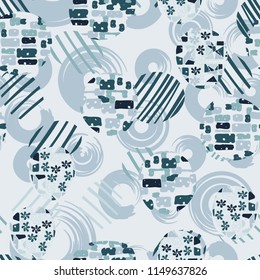 Seamless abstract pattern consisting of various elements. Against the background of the rings.