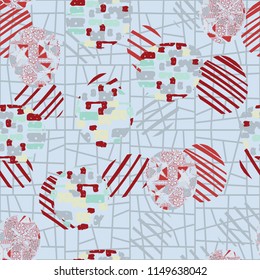 Seamless abstract pattern consisting of various elements. Against the background of the lattice composed of trapezoids.