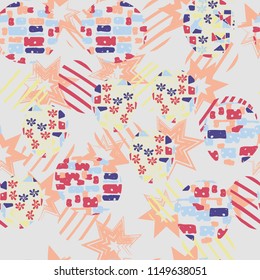 Seamless abstract pattern consisting of various elements. Against the background of seven-pointed stars.