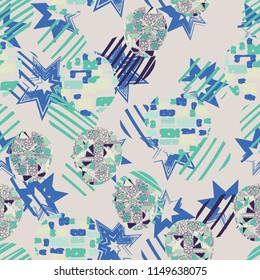 Seamless abstract pattern consisting of various elements. Against the background of seven-pointed stars.