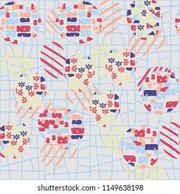 Seamless abstract pattern consisting of various elements. Against the background of the lattice composed of trapezoids.