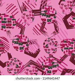 Seamless abstract pattern consisting of various elements. Against the background of pentagons.