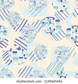 Seamless abstract pattern consisting of various elements. Against the background of pentagons.