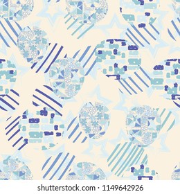 Seamless abstract pattern consisting of various elements. Against the background of five-pointed stars.