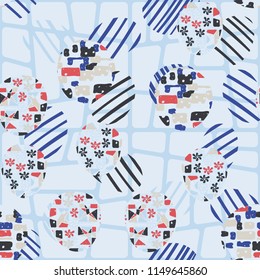 Seamless abstract pattern consisting of various elements. Against the background of a grid of different quadrangles.