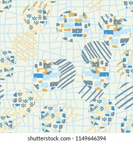 Seamless abstract pattern consisting of various elements. Against the background of the lattice composed of trapezoids.