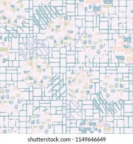 Seamless abstract pattern consisting of various elements. Against the background of a lattice made of rectangles.