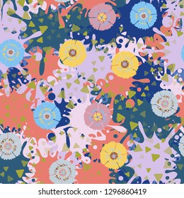 Seamless abstract pattern containing images of carnations.
The background consists of large colored blots. Easy to edit.