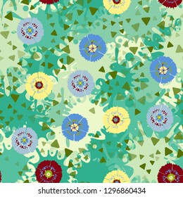Seamless abstract pattern containing images of carnations.
The background consists of large colored blots. Easy to edit.