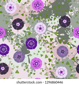 Seamless abstract pattern containing images of carnations.
The background consists of large colored blots. Easy to edit.