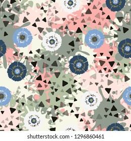 Seamless abstract pattern containing images of carnations.
The background consists of large colored blots. Easy to edit.