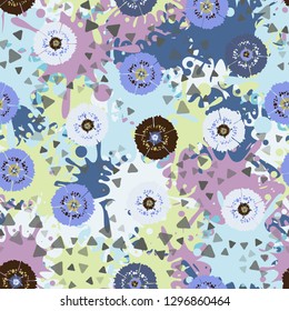 Seamless abstract pattern containing images of carnations.
The background consists of large colored blots. Easy to edit.