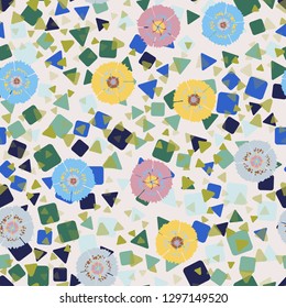 Seamless abstract pattern containing images of carnations.
Background made up of chaos of triangles and squares. Easy to edit.