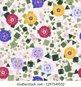 Seamless abstract pattern containing images of carnations.
Background made up of chaos of triangles and squares. Easy to edit.