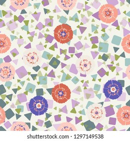 Seamless abstract pattern containing images of carnations.
Background made up of chaos of triangles and squares. Easy to edit.