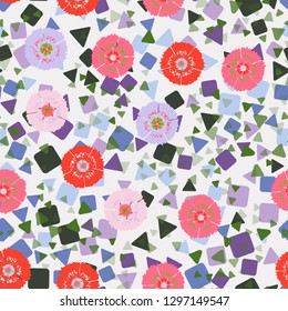 Seamless abstract pattern containing images of carnations.
Background made up of chaos of triangles and squares. Easy to edit.