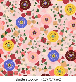 Seamless abstract pattern containing images of carnations.
Background made up of chaos of triangles and squares. Easy to edit.