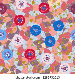 Seamless abstract pattern containing images of carnations.
Background consisting of chaos of leaves. Editable.