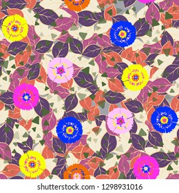 Seamless abstract pattern containing images of carnations.
Background consisting of chaos of leaves. Editable.