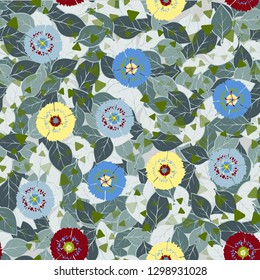 Seamless abstract pattern containing images of carnations.
Background consisting of chaos of leaves. Editable.