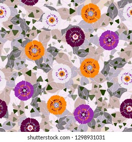 Seamless abstract pattern containing images of carnations.
Background consisting of chaos of leaves. Editable.