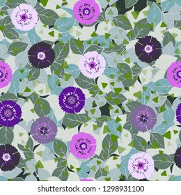 Seamless abstract pattern containing images of carnations.
Background consisting of chaos of leaves. Editable.