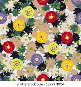Seamless abstract pattern containing images of carnations.
The background consists of multibeam oblique stars. Editable.